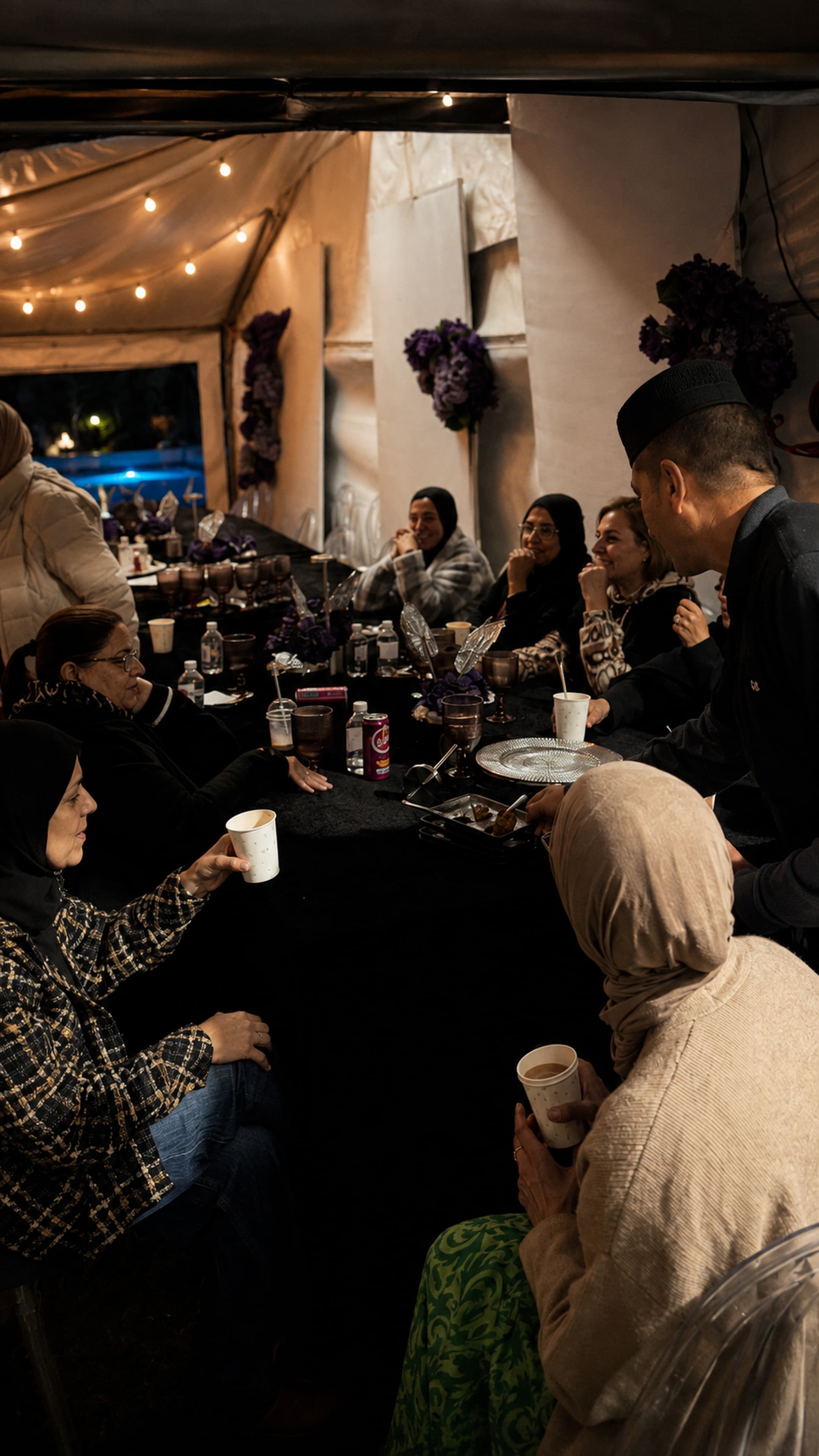 An intimate seated table gathering at night — people close together over coffee.