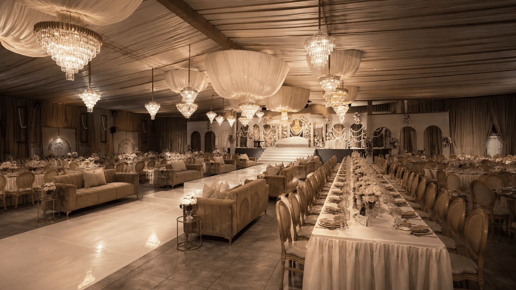 A refined venue dressed and waiting, before the doors open.